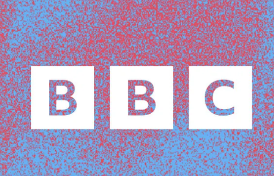 The BBC logo is central with a pink and blue speckled background