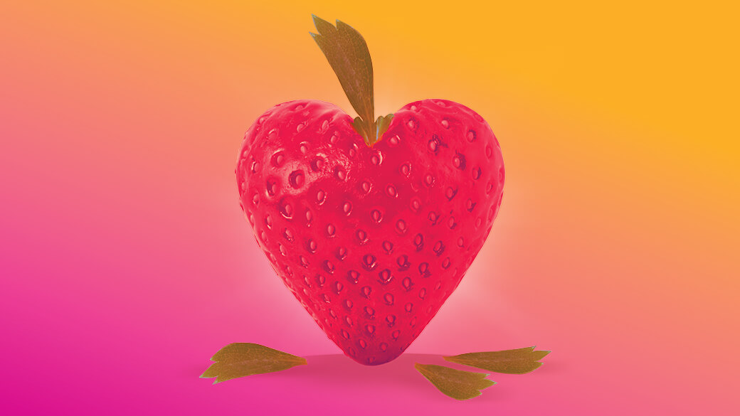 A strawberry sits centers on a pink and yellow gradient background. Three leaves have fallen to the ground beneath it. 