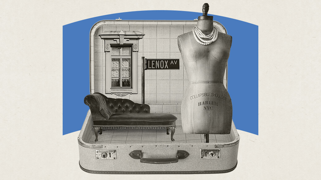 A monochrome collage on a textured off-white background features a curved blue shape sitting behind a vintage suitcase. The suitcase sits open and features a brownstone apartment window with thick draperies, a chaise lounge, a Lenox Avenue street sign and a dress form with pearls around the neck and a “Harlem NYC” stamp on the front.