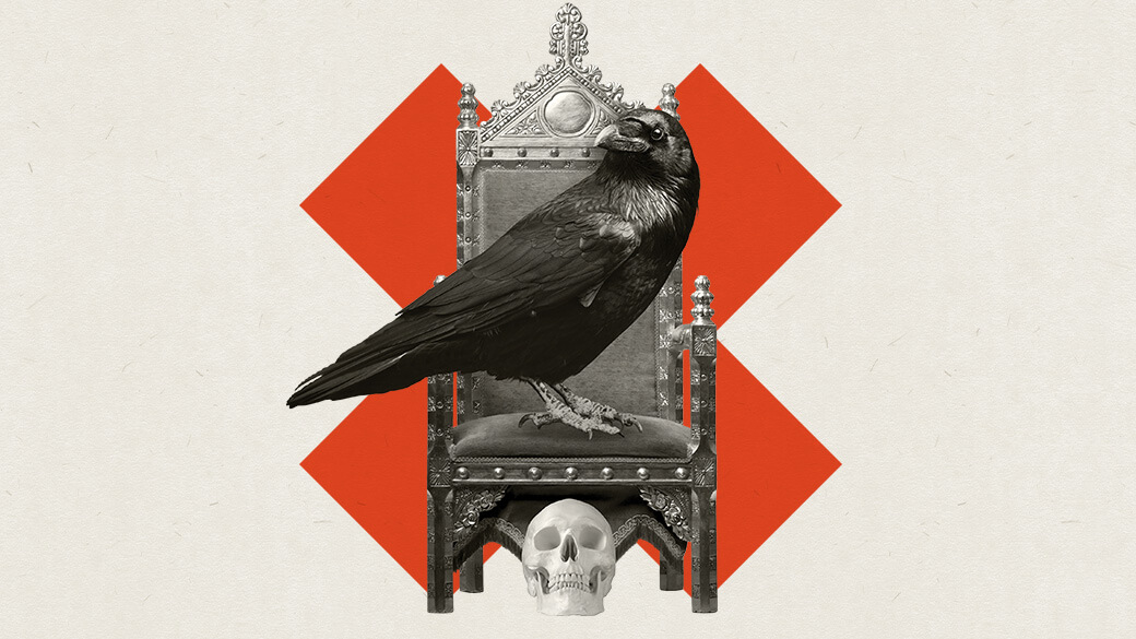 A monochrome collage on a textured off-white background features a bold, red X sitting behind an ornate throne with a skull underneath the seat. A large, black raven perches on the throne, looking ominously to the left.