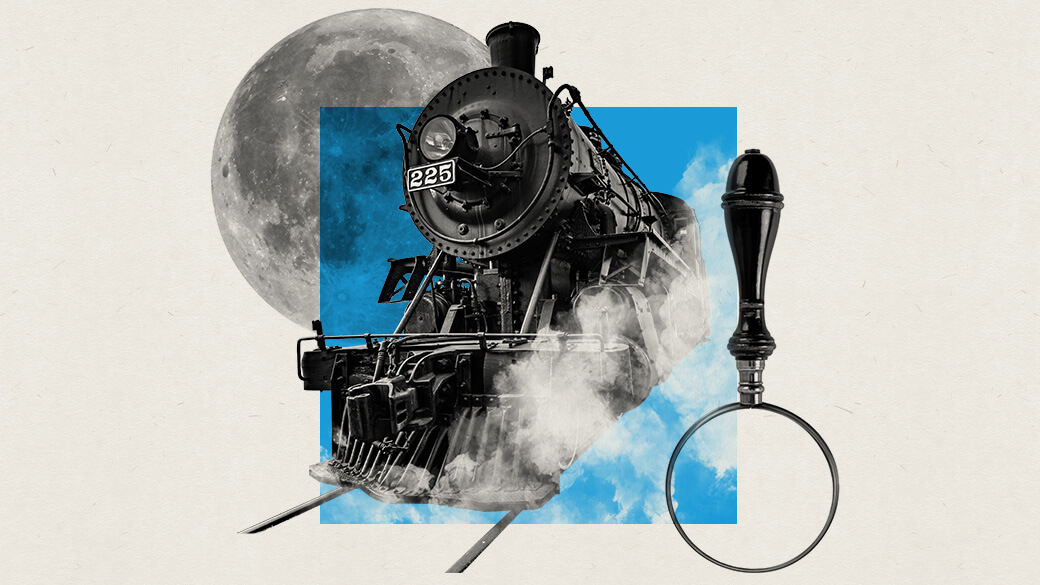 A monochrome collage on a flecked, off-white background features a blue square sitting behind a locomotive on train tracks that appears to emerge from within the square. The train is flanked by images of a full moon and an upside-down magnifying glass. 