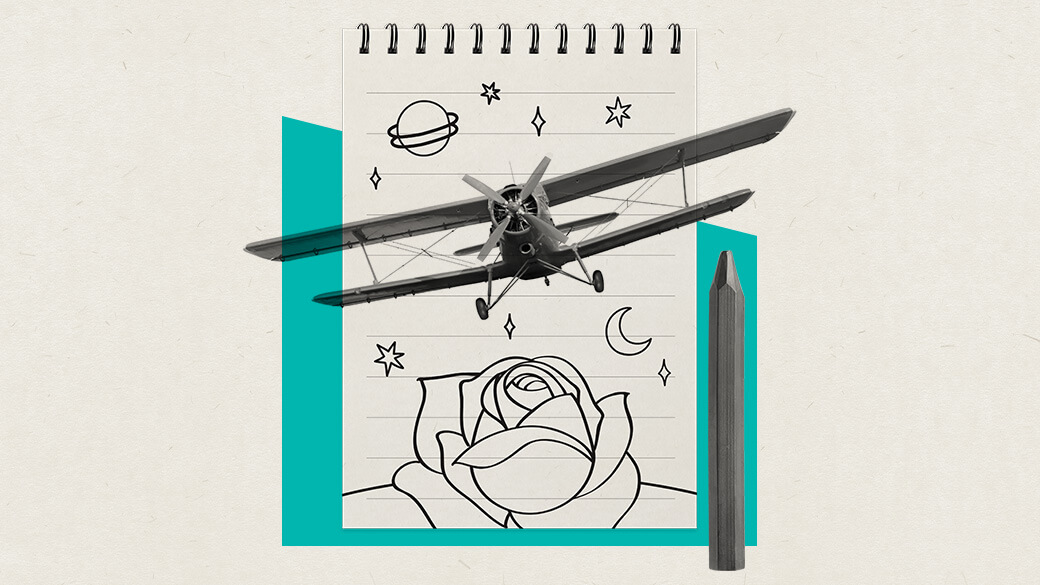 A monochrome collage on a textured off-white background features a biplane flying off of a sketch notebook with doodles and a charcoal pencil on a misshapen teal square. 