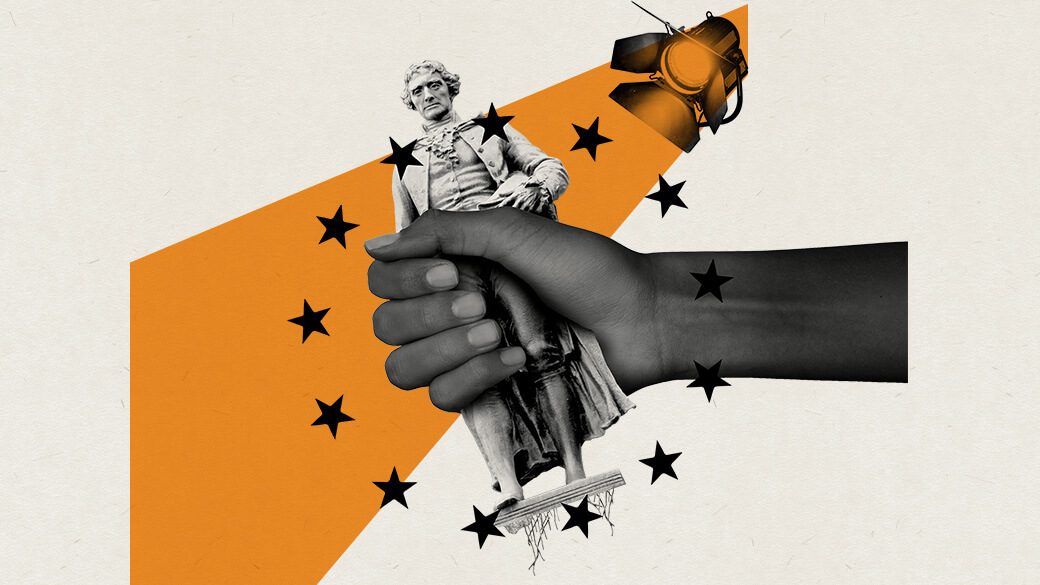 A monochrome collage on a textured off-white background features a theater light shining a bright orange light on a Black female hand clenching a white statue of Thomas Jefferson, which looks uprooted from its pedestal. A series of black stars resembling the first American flag circle the hand and statue.