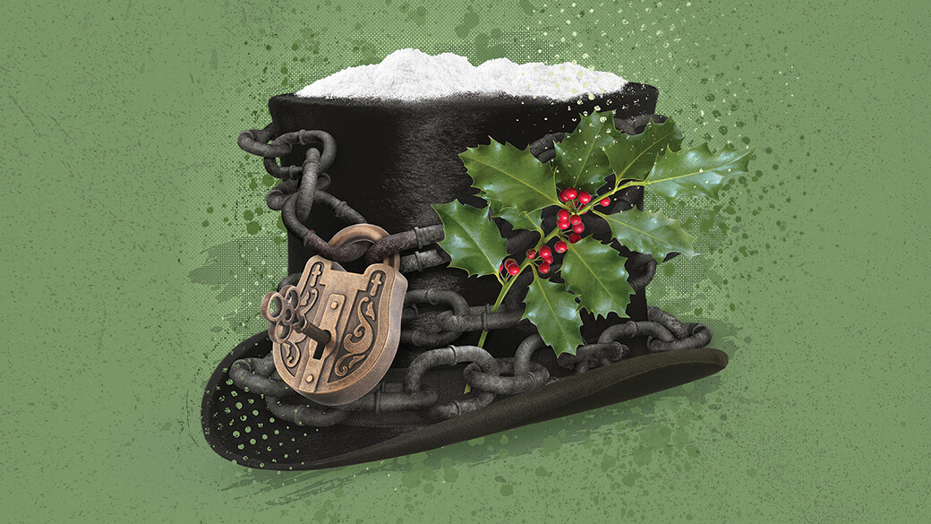 A black top hat with a lock and chain around it and a branch of holly tucked into the chain with a layer of snow on top, on a green background