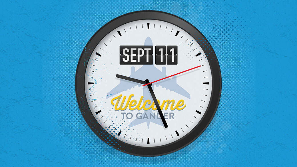 A clock with the text Sept 11, Welcome to Gander on a blue background