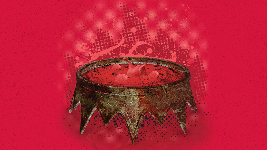 An upside down crown with red liquid bubbling inside on a red background