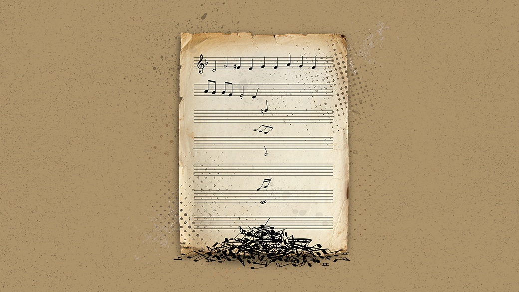 A piece of sheet music with the notes falling off the page and accumulating at the bottom on a tan background