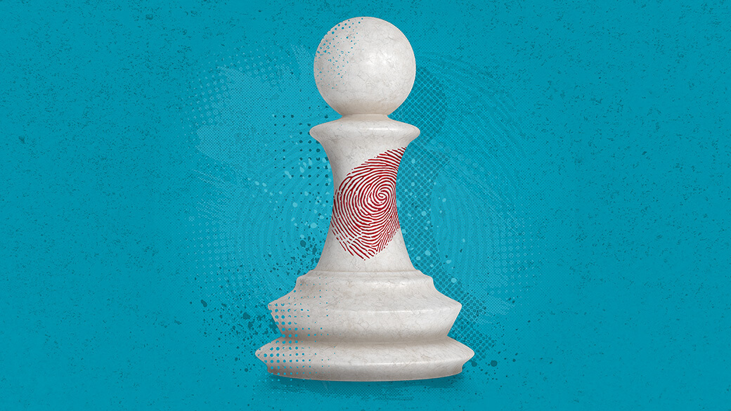 A white chess piece with a red fingerprint on it, all on a blue background