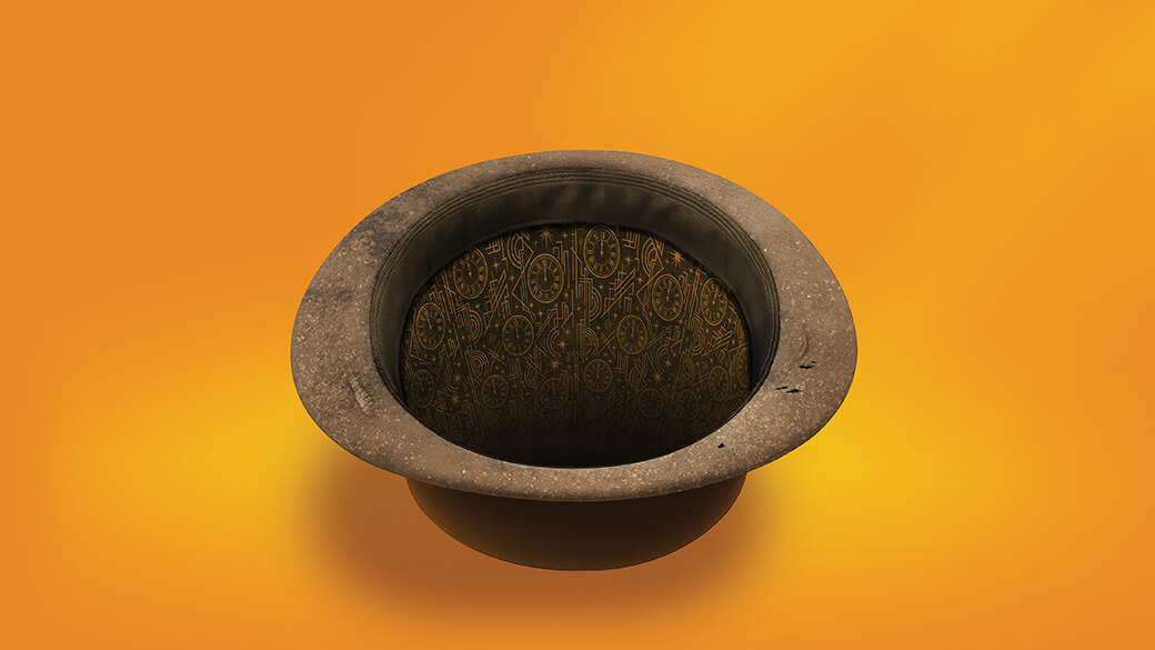 A brown bowler had sits upside down on orange gradient background