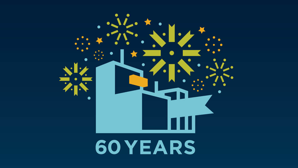 A light blue and orange icon of the Guthrie building sits on a dark blue background. Above the building, colorful icons resembling fireworks explode in the sky. Below the building, light blue text reads “60 Years.”