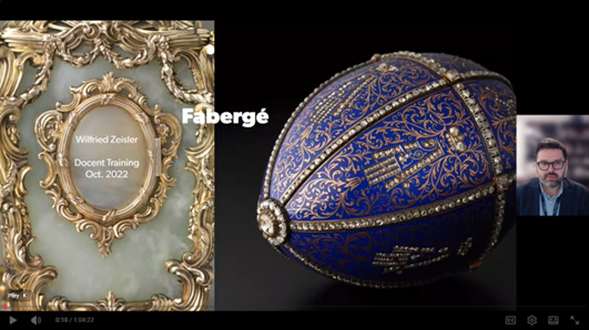 Pre-recorded lecture on Fabergé at Hillwood, as part of the 2026 Mansion Docent Training Resources available on the volunteer website. 