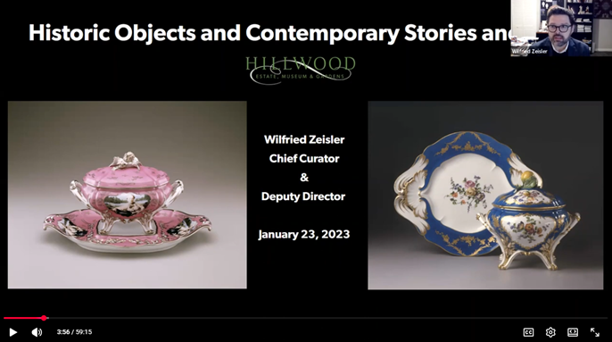 Pre-recorded lecture on Historic Objects and Contemporary Stories and Artists in Hillwood’s collection, as part of the 2026 Mansion Docent Training Resources available on the volunteer website. 