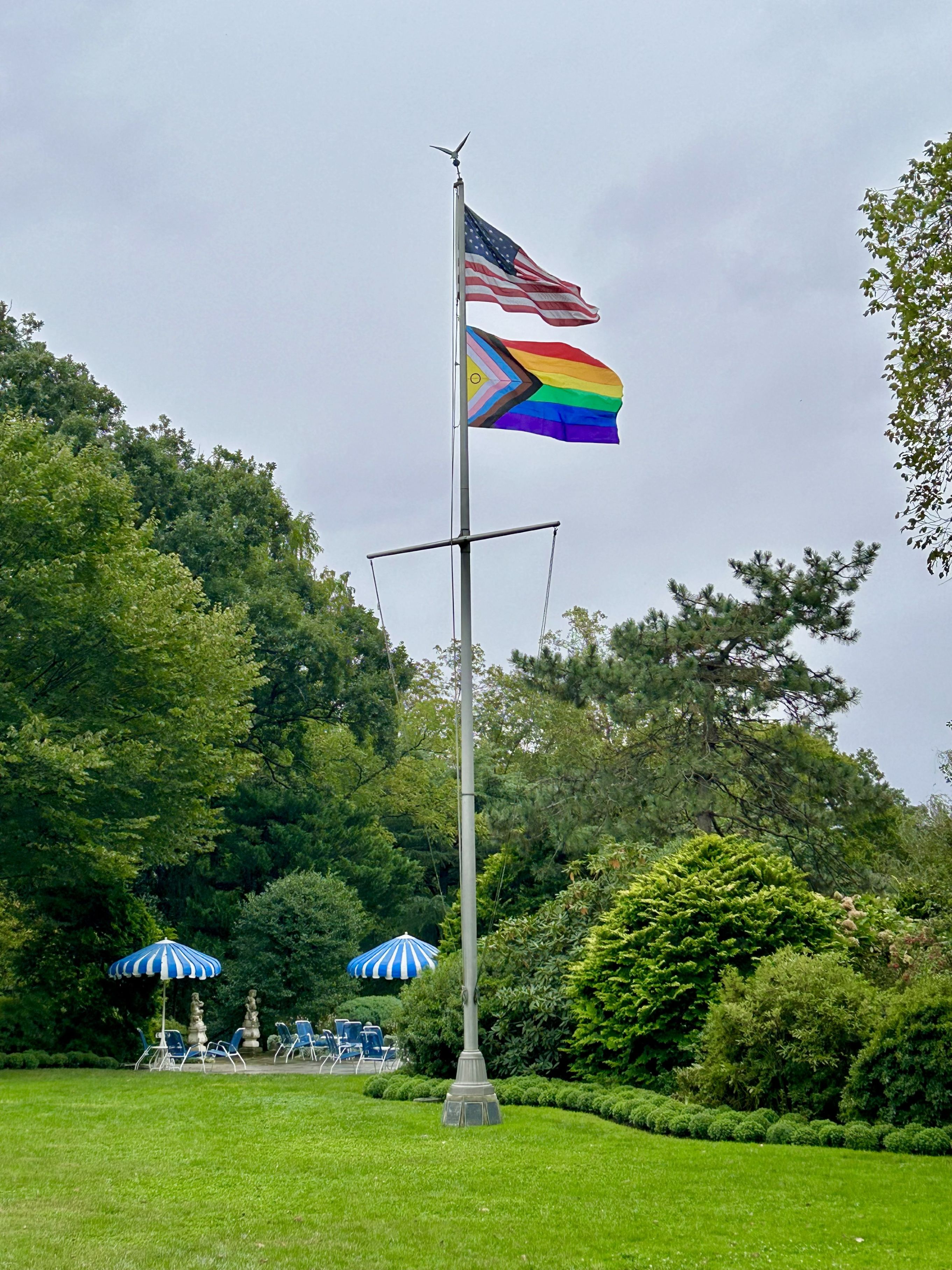 The LGBTQ+ flag on display for the Family Picnic with Rainbow Families. Photo courtesy of garden docent Rick Ferenci.