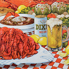 A vibrant illustration shows a bounty of crawfish, shrimp, fruits and vegetables, and beverages on a checkered red and white table cloth.