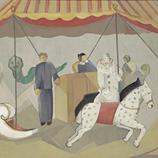 Color painting of a carousel with riders. A clown is pictured on the right side of the image.