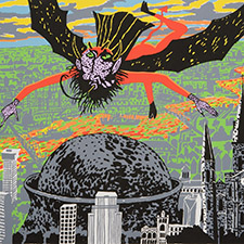 Colorful illustration of a devil character flying over a stylized version of the New Orleans skyline
