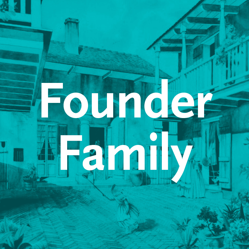 Courtyard image with blue wash and Founder Family overlaid
