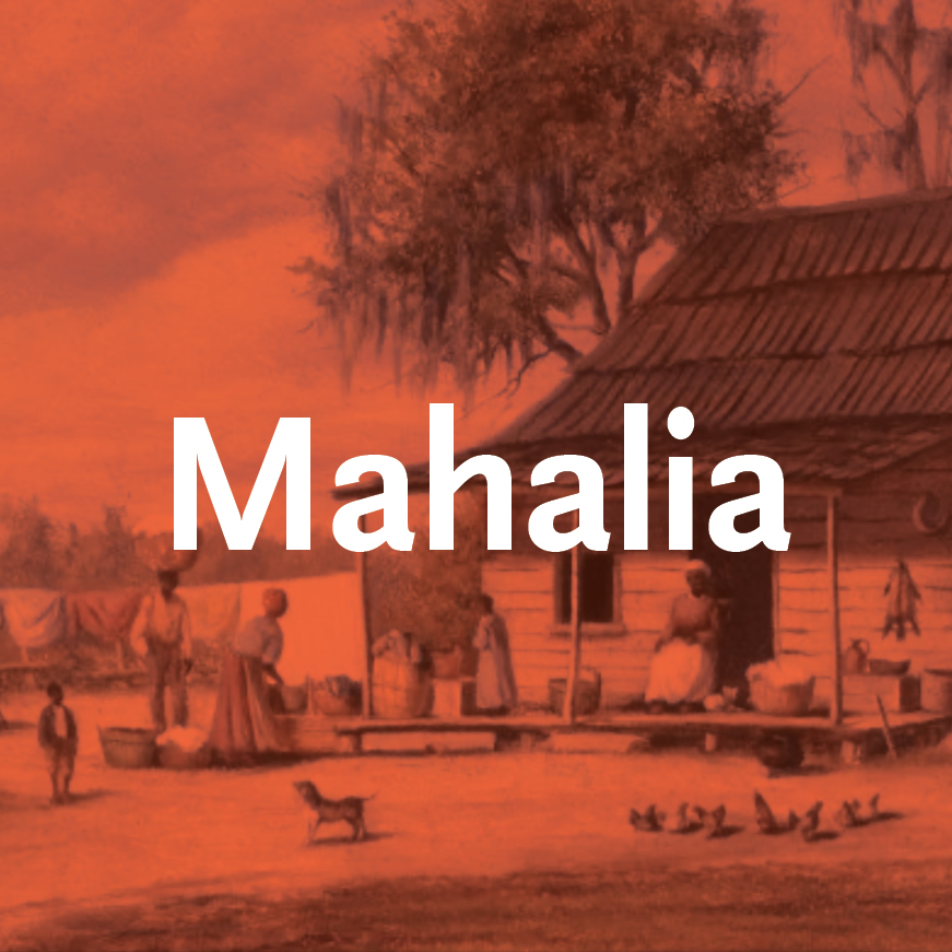 Drawing of a farm scene with an orange wash and Mahalia overlaid