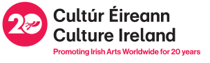 Logo of a hot pink circle with white symbol next to text: Cultúr Éireann / Culture Ireland