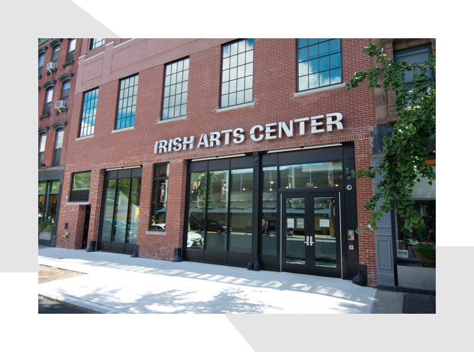 Facade of a brick building with the sign "IRISH ARTS CENTER"