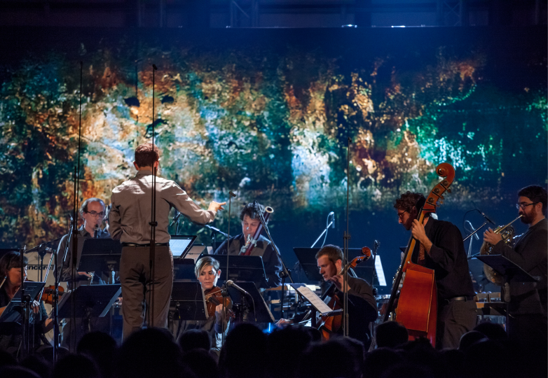 An image of an orchestra on stage playing instruments with a conductor. 