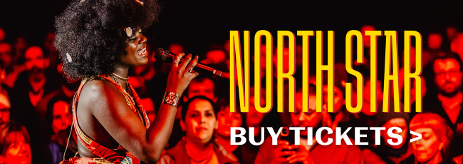 The artist Winnie Alma singing in front of an audience. Accompany text reads: North Star, buy tickets.