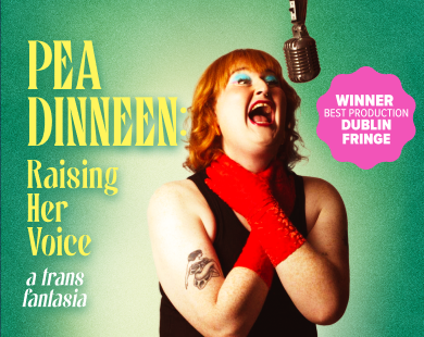 Pea Dinneen poses against a glittering cabaret-inspired backdrop in promotional artwork for PEA DINNEEN: RAISING HER VOICE at Irish Repertory Theatre.