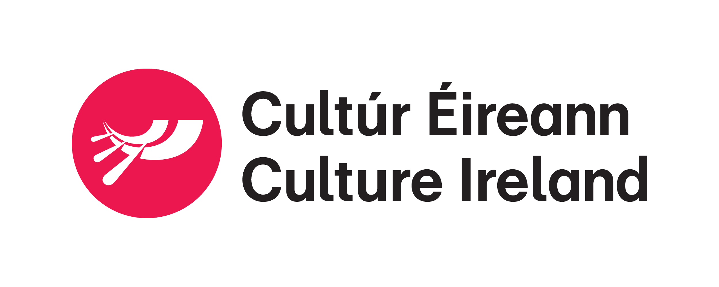 Logo of a hot pink circle with white symbol next to text: Cultúr Éireann / Culture Ireland