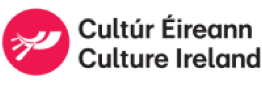 A black and white typed logo with a pink circular image. Text: Cultúr Éireann / Culture Ireland.