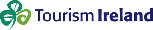 A dark blue typed logo with a green shamrock. Text: Tourism Ireland.