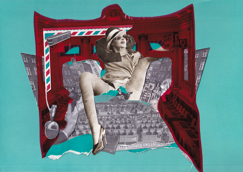 An image of a newspaper style collage of teal, black, white, and red. 