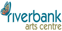 Logo in blue and green text with a butterfly. Text: Riverbank Arts Centre.