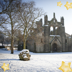 Kirkstall Abbey in snow landscape