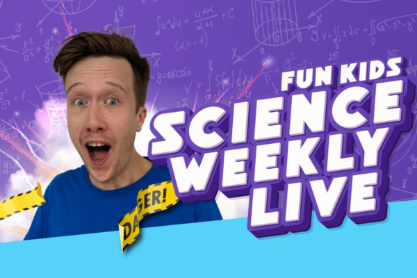 A man is open mouthed with shock and is next to words that read 'Fun Kids Science Weekly Live'
