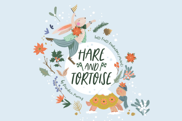 Hare and Tortoise is written and surrounded by a drawing of a hare and a tortoise enjoying a race