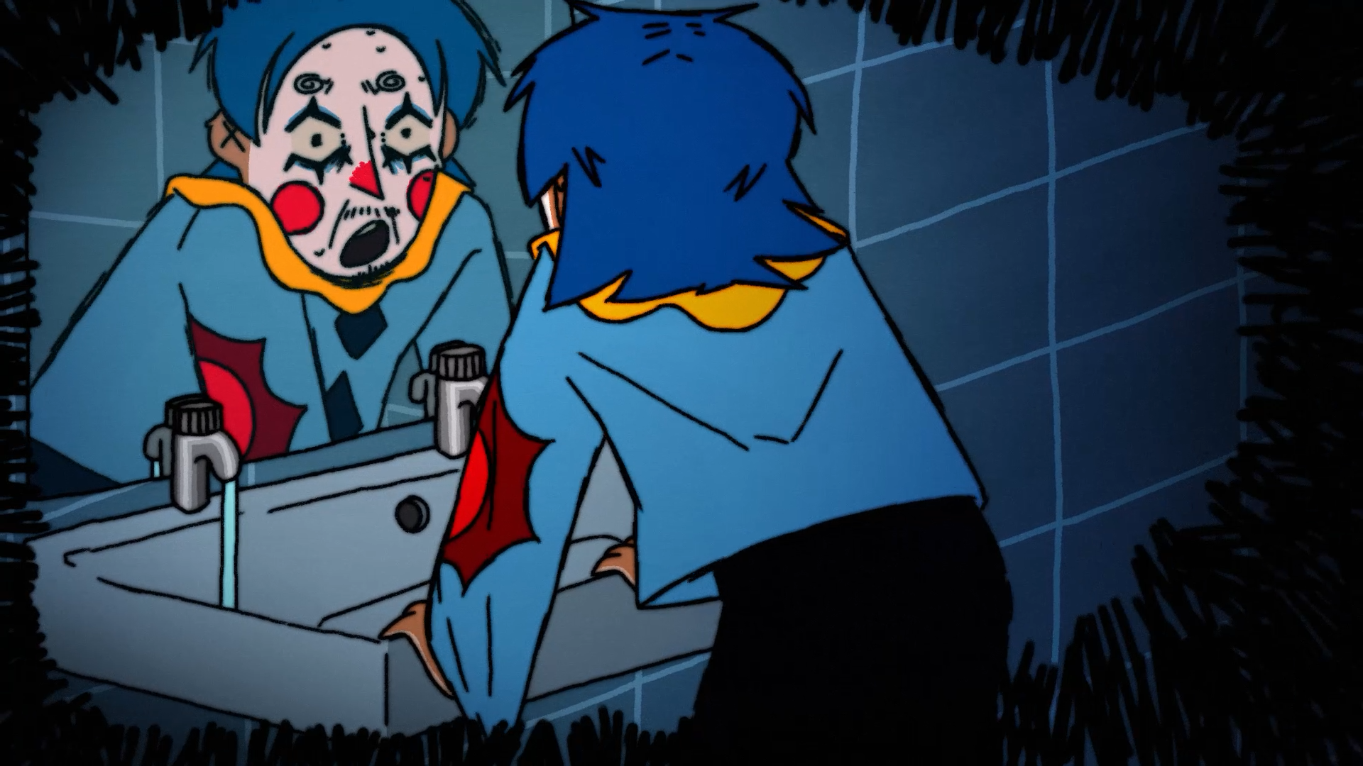 A still from an animation - a slightly rough looking clown stairs at his own reflection in the bathroom mirror. 