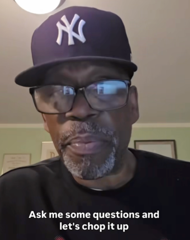 A screenshot from an Instagram reel featuring hip hop MC Grandmaster Caz, with the caption: 'Ask me some questions and let's chop it up.'