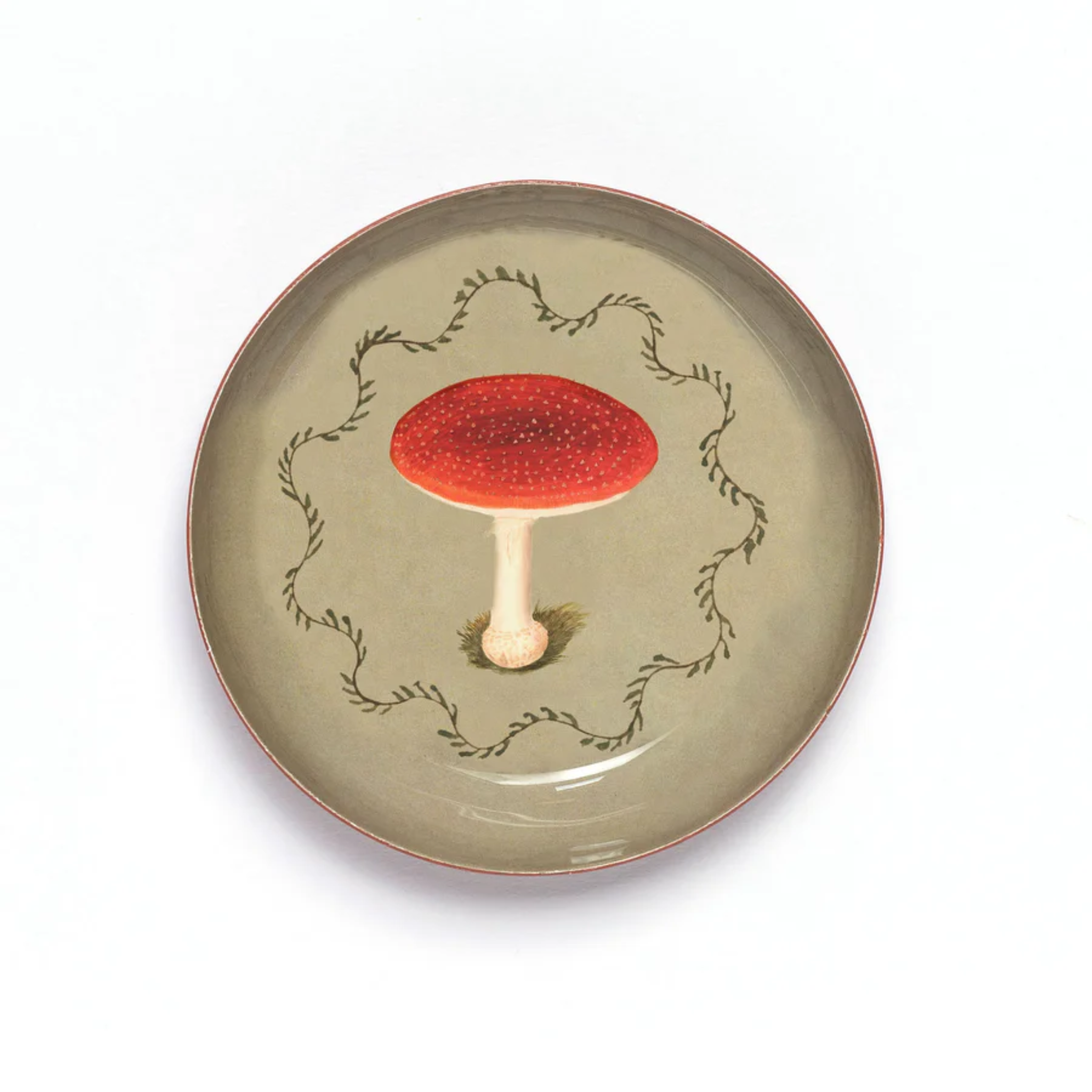 decorative round tray with illustration of mushroom