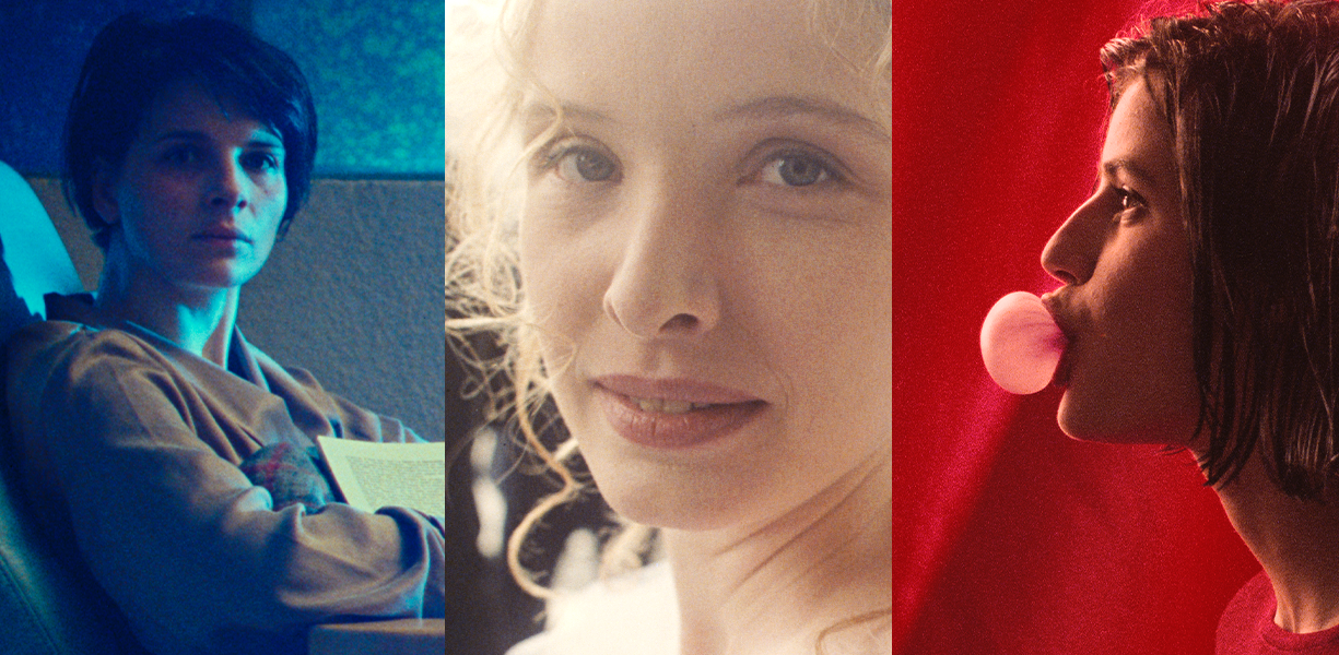 A combined image of three stills from each film, showing lead characters in colours which represent the French flag. 