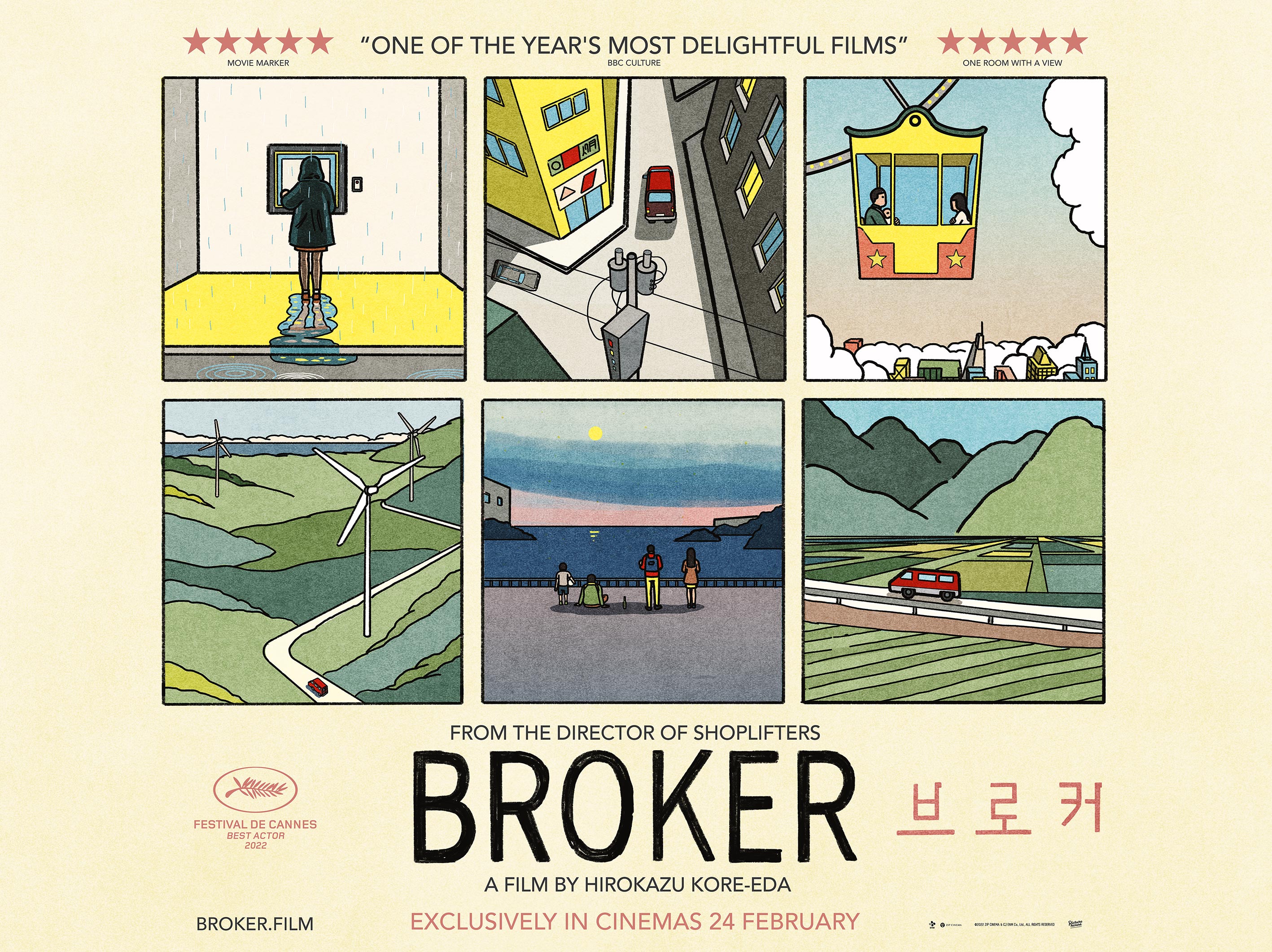A poster for the film Broker, showing six square illustrated images of different locations on a roadtrip. 