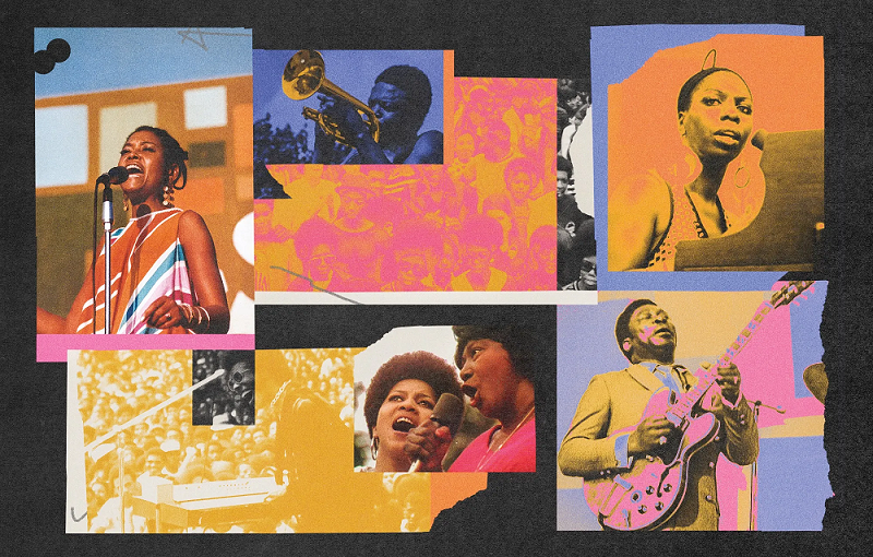 An amalgamation of different black musicians from the 60's in an artwork style from that time period. 