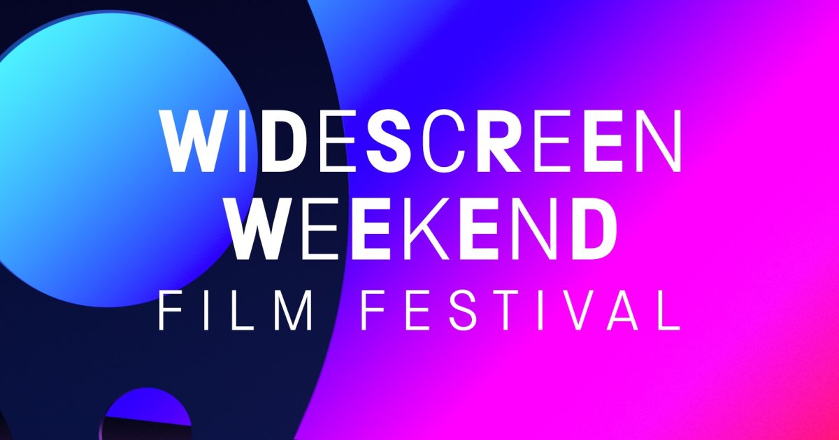 A purple and blue gradient colour, with a close up illustration of a film reel. Text reads: "Widescreen Weekend Film Festival"