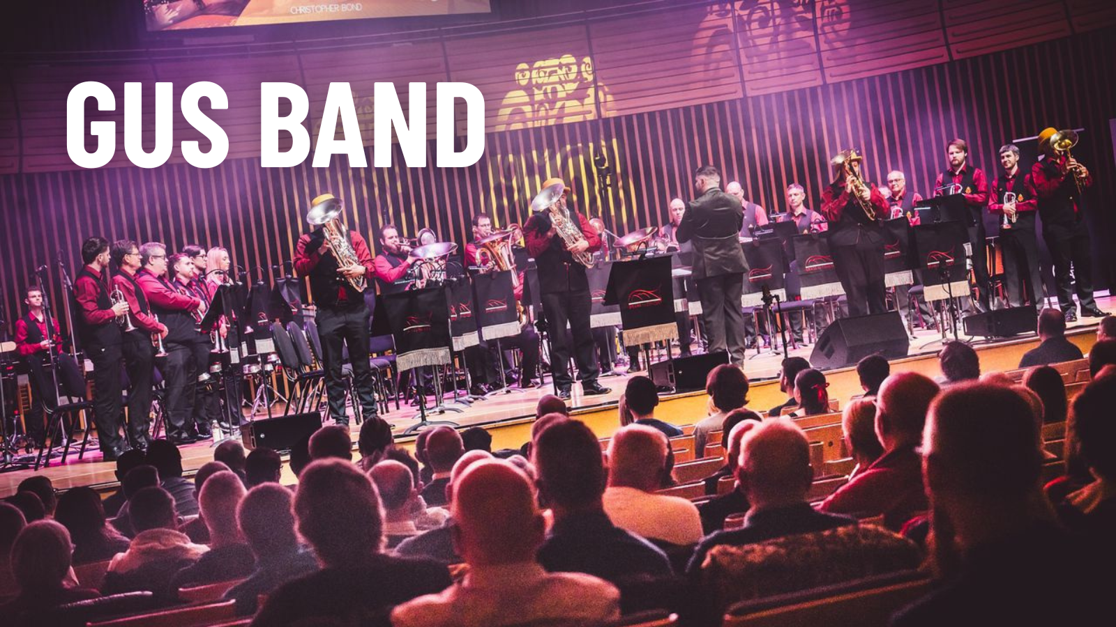 KNDS Fairey Band title image. A brass band in blue concert dress with their instruments on stage in formation.