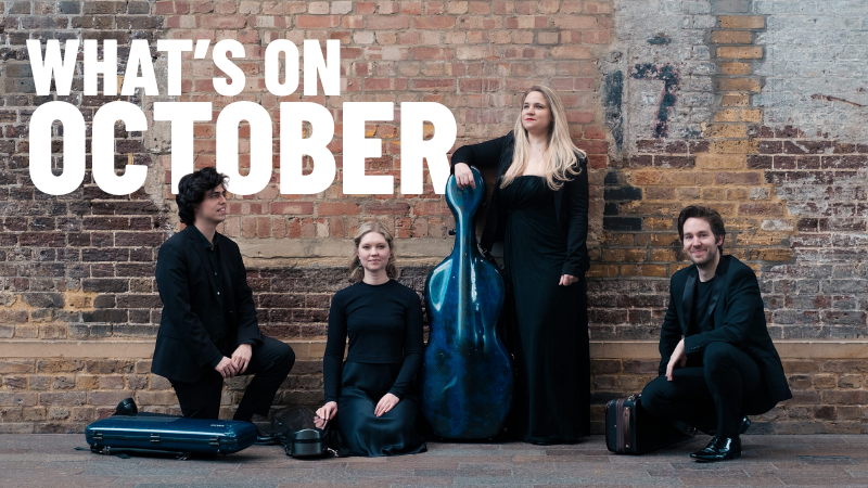 The four members of the Piatti Quartet in black concert dress stood and sat in front of a brick wall with their dark blue, shiny instrument cases.