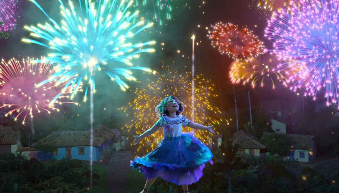 An animated young woman sings in front of a sky full of fireworks.