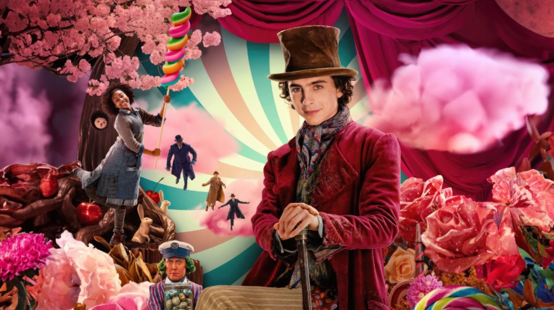 Willy Wonka sits against a colourful backdrop.