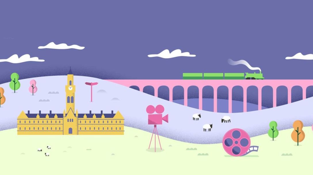 Minimalist vector-style illustration of a countryside scene with a yellow building, pink viaduct, green steam train, sheep, and film-related icons like a movie camera and film reel.