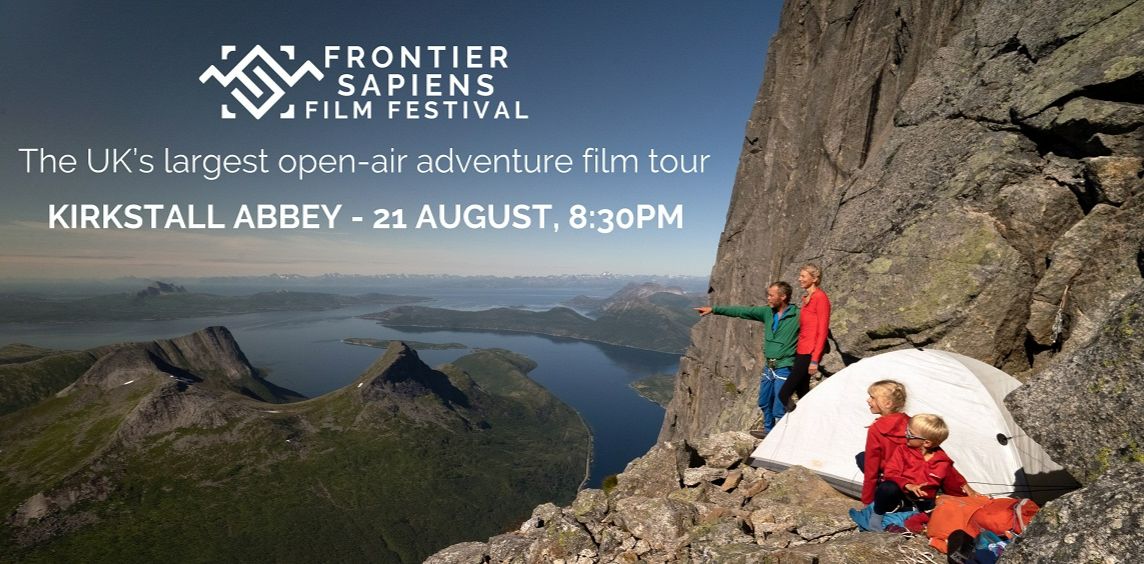 Advertisement for the Frontier Sapiens Film Festival showing a family camping high on a rocky mountain ledge, overlooking dramatic peaks and fjords. White text promotes the UK’s largest open-air adventure film tour at Kirkstall Abbey.