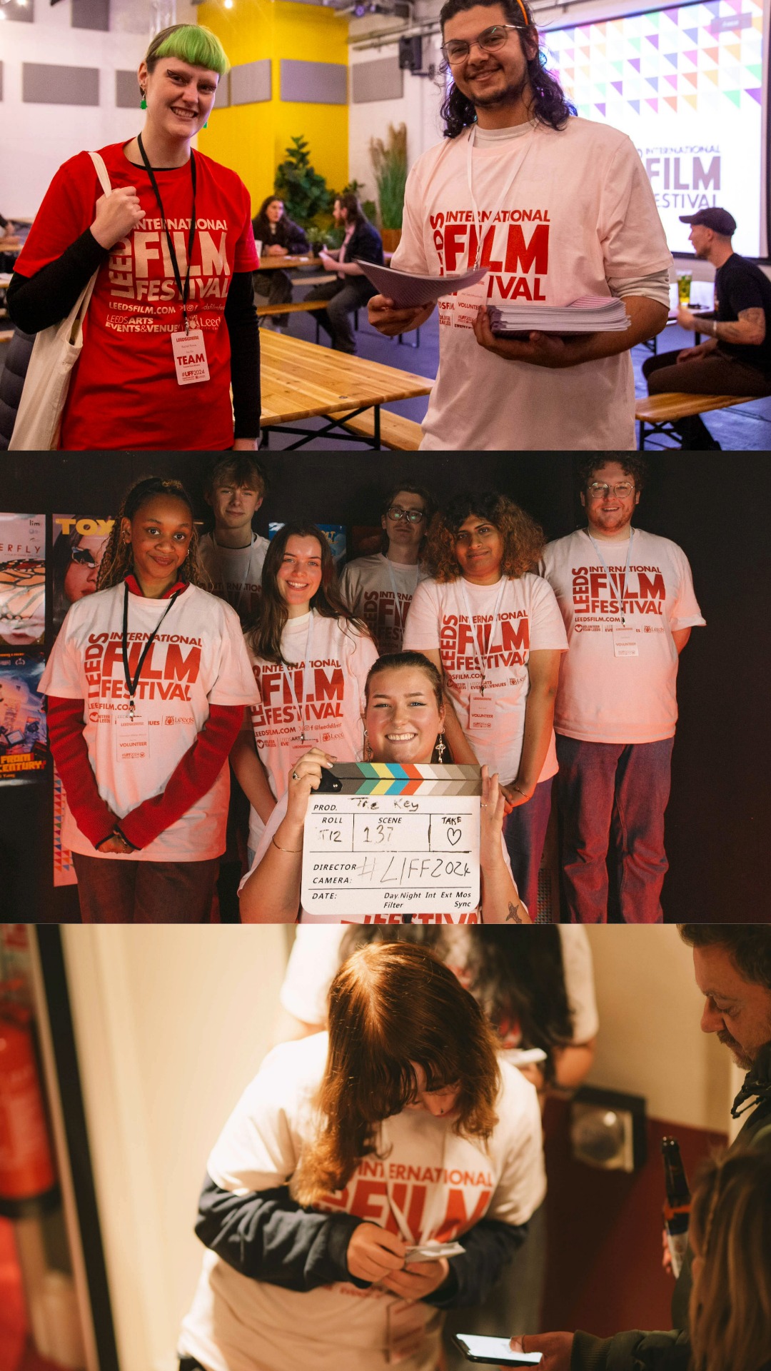 Three stacked photos of Leeds International Film Festival volunteers wearing branded t-shirts: two volunteers smiling with papers, a group posing with a clapperboard, and one volunteer checking tickets for attendees.