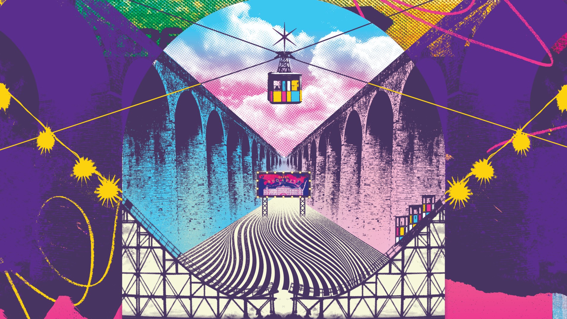 Colourful, pop-art style illustration featuring a cable car, a viaduct, a billboard for “The Grand Budapest Hotel,” and abstract patterns in pink, purple, blue, and yellow.